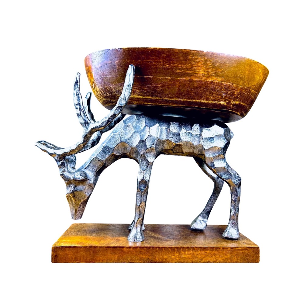 Large Wood Bowl Atop Deer Hammered Metal Sculpture Rustic Farmhouse Cottagecore